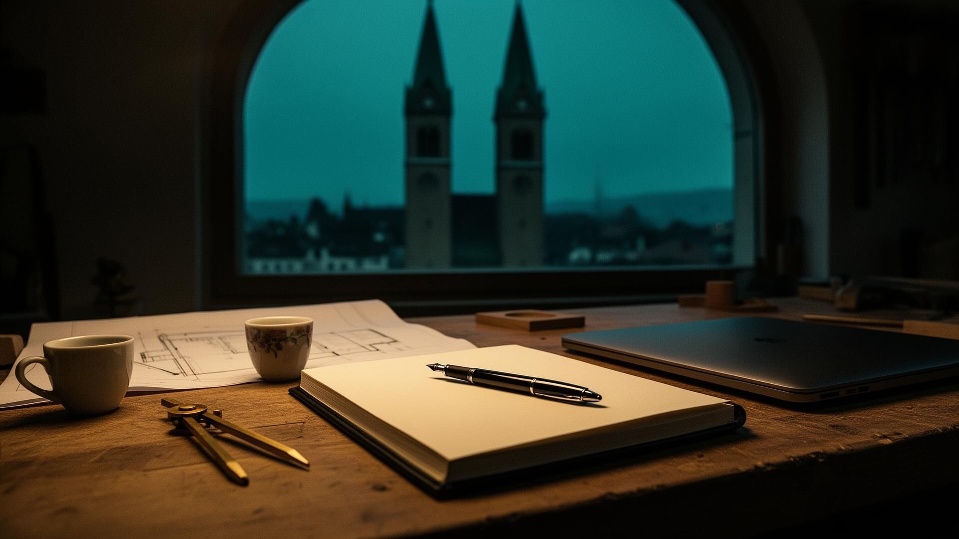 Abendliche Schreibwerkstatt mit Notizbuch, Füllfederhalter und geschlossenem Laptop vor Zürcher Türmen